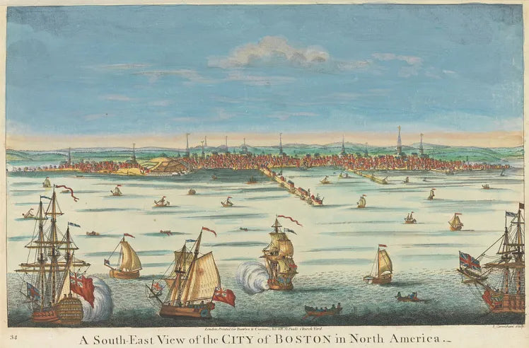 Vintage illustration of Boston harbor with ships and cityscape