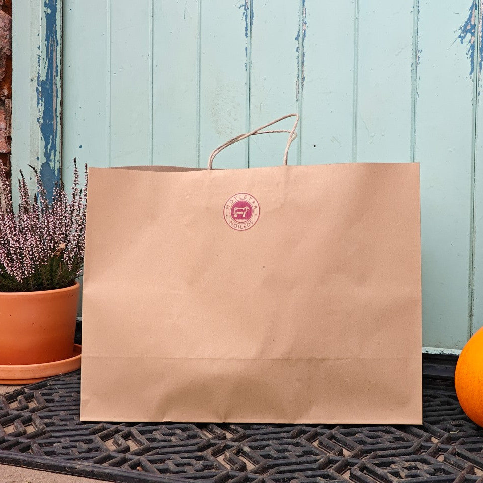 Brown paper bag with a logo on a doormat next to a pumpkin and potted plants.